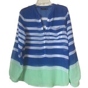 Blue Green Green White Striped Women's Blouse Accent Buttons